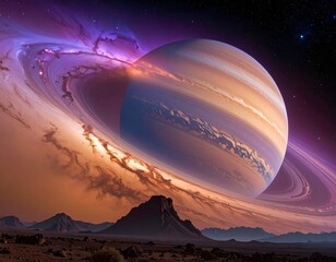 Vast planetary body with rings and a textured foreground