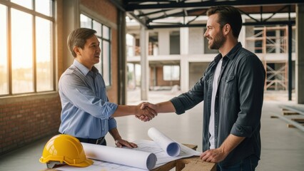 Professional Asian male engineer and architect shake hands, symbolizing successful collaboration and growth in the building and construction industry