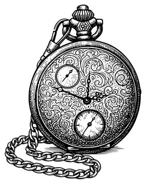 an old pocket watch with a chain, vintage engraving, black and white drawing, antique, black, chain, drawing, engraving, illustration, old, picture, pocket watch, watch, against transparent background
