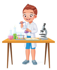 Happy elementary school boy making experiment in chemistry class. Cartoon vector illustration.