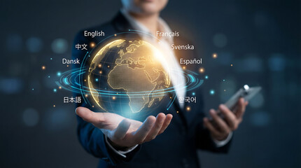 Global Communication and Language Translation Concept with Digital Globe and Multilingual Text