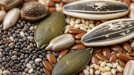 A vibrant assortment of various seeds and grains spread out together