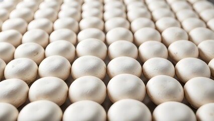 A close-up view of numerous white pearls arranged in rows