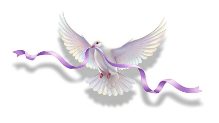 Two white doves flying with purple ribbon
