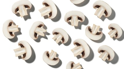 A close-up view of sliced mushrooms arranged on a white surface