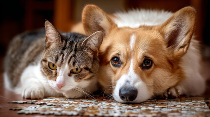 Adorable brown and white dog and tabby cat lying close together on a textured woven rug, engaging in a shared activity of puzzle-solving with a cozy indoor background