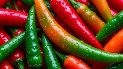A vibrant pile of colorful chili peppers with water droplets on their glossy surfaces