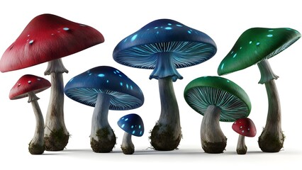 A vibrant group of colorful mushrooms with various shapes and sizes against a white background