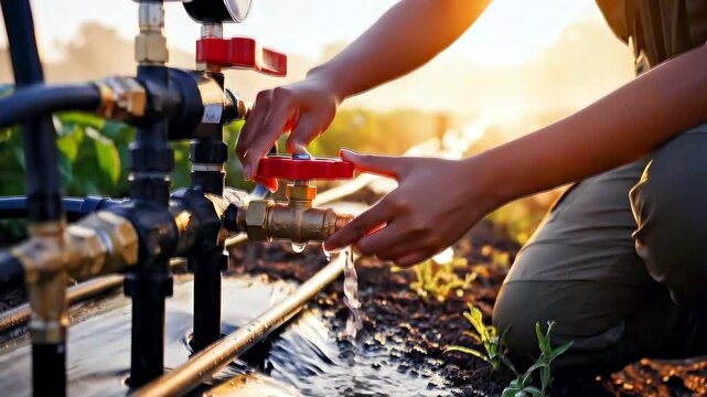 Woman technician checks watering systems, Early morning technician adjusts irrigation controls carefully, Female specialist finely tunes irrigation valves amid morning mist in lush vegetable fields