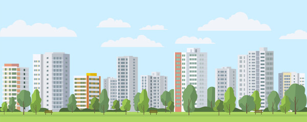 Cityscape of a residential area with various buildings and a park. Residential buildings with apartments. Real estate with apartments in a large city. Vector illustration.