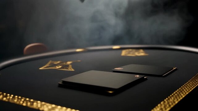 Luxury poker table with matte-black cards and gold foil edges, soft smoke drifting in the background, cinematic 4k.