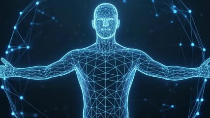 Futuristic digital human figure in a geometric network, ideal for tech and science concepts - Powered by Adobe