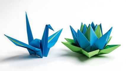 Beautiful origami art with blue crane and lotus