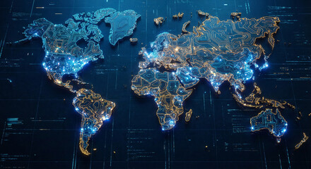 Digital World Map Made of Glowing Blue and Gold Circuit Board Traces