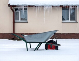 Wheelbarrow in snow under an eave with icicles
