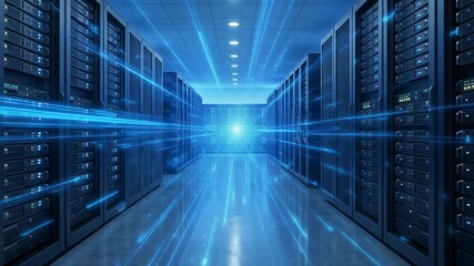 Modern data center interior with server racks and blue lighting for technology and innovation themes