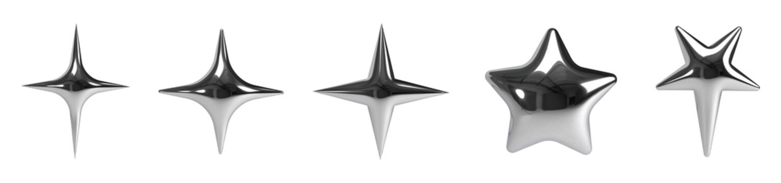 Set of Glossy Metallic Chrome Silver Stars, Y2K Aesthetic Elements on Isolated Background PNG