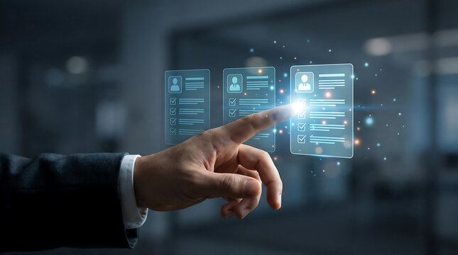 HR recruitment and talent management concept with businessman selecting candidate profiles on a digital virtual interface - Powered by Adobe