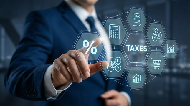 Financial advisor pointing at a digital interface for tax management, percentage calculation, and accounting compliance - Powered by Adobe