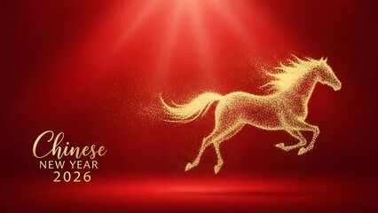 Golden horse celebrating Chinese New Year 2026 in red