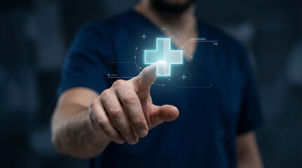 Medical professional touching a blue glowing digital cross icon for healthcare innovation and smart medicine technology