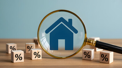 Magnifying Glass Focusing on House Icon with Percentage Symbols for Real Estate Interest Rates