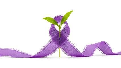 Purple ribbon wrapped around green sprout symbolizing hope