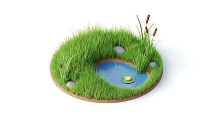 Serene miniature pond surrounded by lush green grass