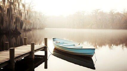 Serene lake scene with boat and dock