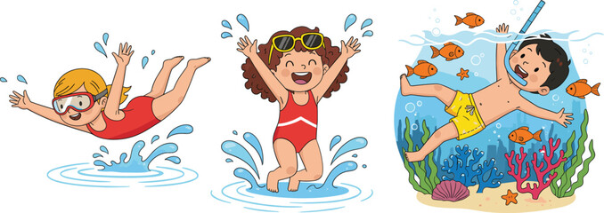 Happy cartoon kids swimming and snorkeling underwater summer vacation activities playful children water fun illustration set © sahajahan