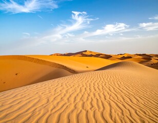 Vast desert landscape under a clear blue sky with sand dunes