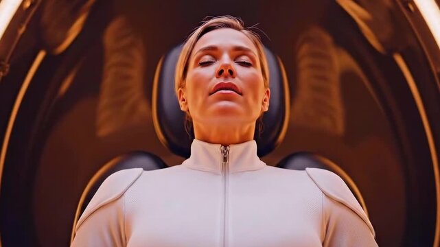Futuristic wellness relaxation, Serene woman in hightech pod, Calm female figure enjoying modern healing environment, Tranquil woman reclined in advanced therapy capsule with peaceful expression