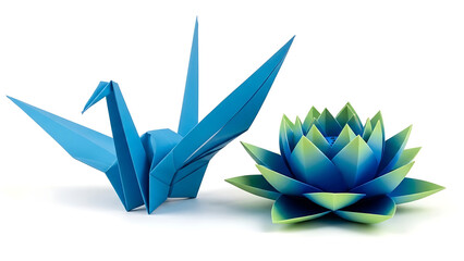 Blue origami crane and lotus flower on white background