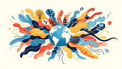 Vibrant abstract art bursts with colorful organic shapes and a central globe symbolizing global ideas and innovation spreading worldwide.