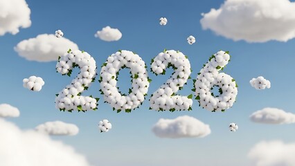 Naklejka premium Happy new year 2026 with flowers and clouds in the blue sky with white clouds floating around