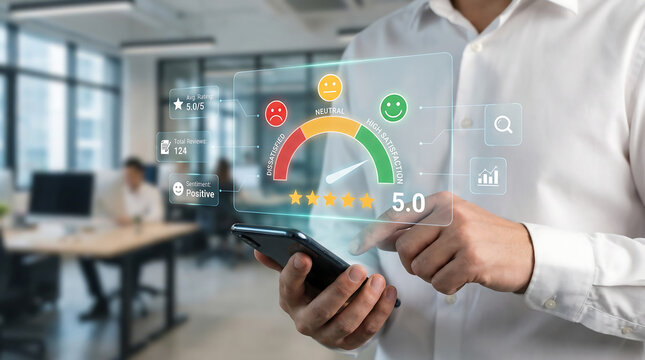 Customer Satisfaction Rating and Feedback Dashboard on Smartphone with High Score and Positive Sentiment Analysis