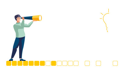 Business idea. Investor in binoculars looking at the idea of ​​financial development, dollars. Investment business profit growth, income increase, people, presentation, poster. Vector illustration