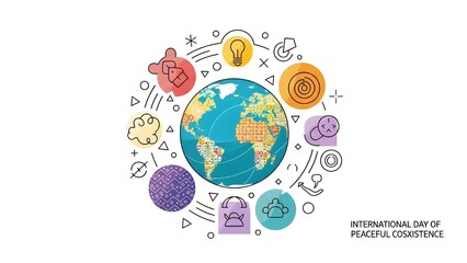 Vibrant abstract illustration celebrating global coexistence with diverse icons and a colorful earth at its center, fostering unity and understanding.