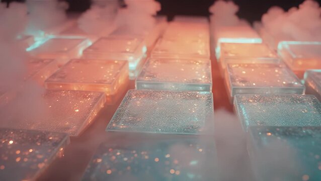 Glowing Ice Blocks with Ethereal Fog Effect in a Colorful Ambient Setting