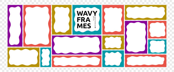 Funny Wavy Textbox Border Frame Kit. Wave Shape Border for Text Box Bundle. Scallop Edge Square Rectangle Frames Set. Vector Graphic Elements in Transparent Png Background