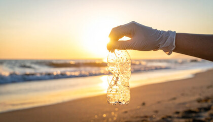 Gloved hand holding crushed plastic bottle during beach cleanup at sunset, environmental protection and ocean conservation, golden sand and sea in background