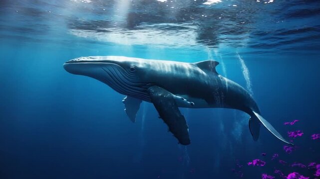 A lone humpback whale swims through the deep blue ocean, with light filtering from the surface and unusual purple coral.