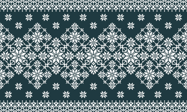 Elegant Nordic winter ornament pattern with snowflakes in a knitted textile style.