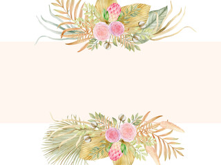 Hand painted houseplants,  dried palm leaves Camellia, Peonies, Cotton, King Protea illustration. Tropical jungle exotic flower frame label  composition © HoyaBouquet