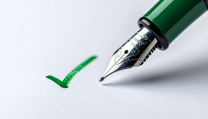 Fountain pen drawing green check mark on white paper close up minimalist style concept of completion success approval and productivity with modern and clean feeling