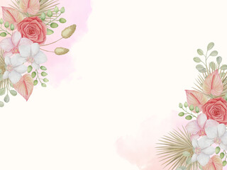 Hand painted houseplants,  dried palm leaves Rose, Orchid,  Pampas Grass illustration. Tropical jungle exotic flower frame composition