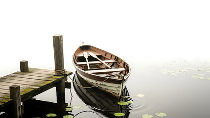 Old boat moored to a wooden dock on a foggy day