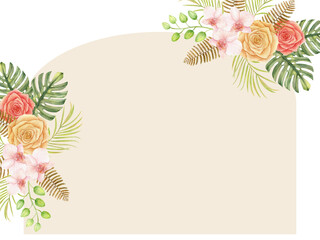 Boho houseplants monstera, dried palm leaves rose, orchid flower illustration. Tropical jungle flower frame composition © HoyaBouquet