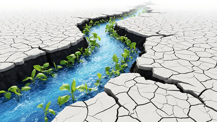 River of life flowing through dry cracked earth