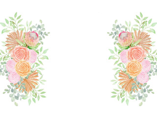 Boho houseplants greenery, dried palm leaves rose, king protea flower illustration. Tropical jungle exotic flower frame composition